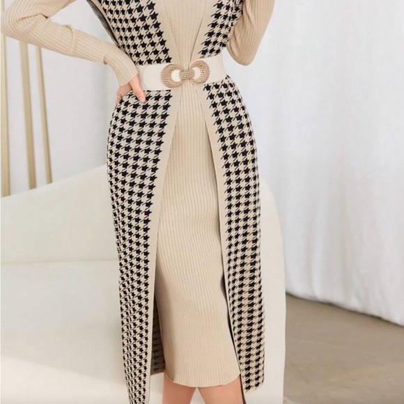 Beige and Black Houndstooth Long Cardigan Dress - Picture 3 of 14